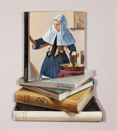 Daniel SOLNON (né en 1943) 
Hommage à Vermeer, la femme à l'aiguière
Huile sur bois...