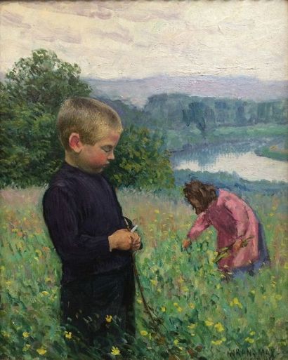 Léon GIRAN-MAX (1867-1927) 
Deux enfants dans le pré, Anvers 1902
Huile sur toile,...