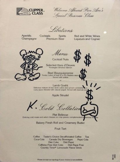 Attribué à Keith HARING (1958-1990) 
Mickey et dollars
Feutre noir sur un menu Clipper...