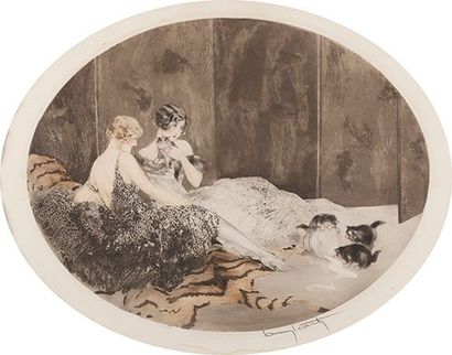 Louis ICART (1888-1950) 
1-Les chatons et le bol de lait
Lithographie ovale, numérotée...