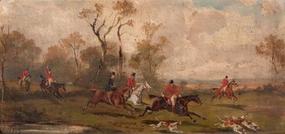 J.WOOG (XIX-XX) 
Scènes de chasse à courre
Paire d'huiles sur panneau, signées en...