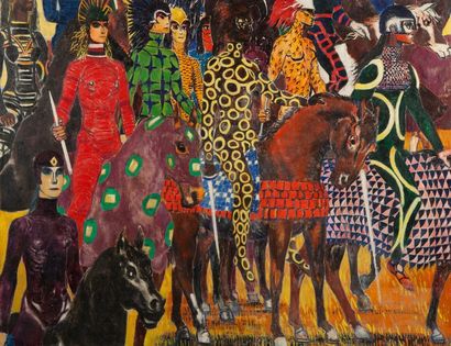 Emile SALKIN (1900-1977) 
Ecole belge
Personnages et chevaux, 1974
Huile sur toile,...