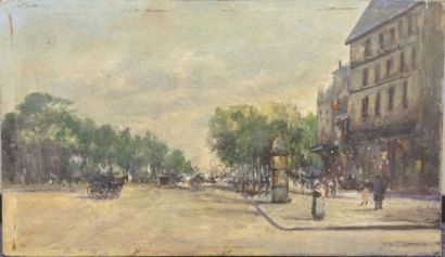 Ecole Française vers 1900 
Les Champs-Elysées Huile sur carton, signée en bas à droite...