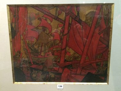 Michel LATTRY (1875-1941) 
Les voiles rouges
Laque sur carton, signée en bas au milieu
28...