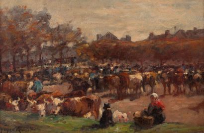 Aymar PEZANT (1846-1916) 
Vaches dans une foire
Huile sur panneau, signée en bas...