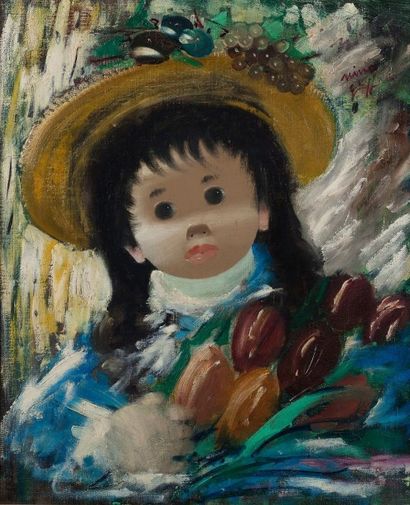 Nino GIUFFRIDA (né en 1924) 
Petite fille aux tulipes
Huile sur toile, signée en...