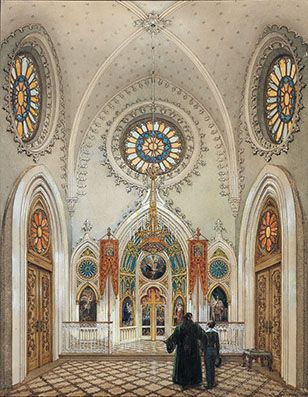 École russe du XIXème siècle 
Chapelle Alexandre Nevski à Peterhoff
Gouache et aquarelle...