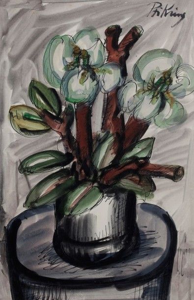 Franz PRIKING (1929-1979) 
Nature morte au bouquet et au guéridon
Encre et aquarelle,...