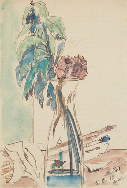 Filippo DE PISIS (1896-1956) 
Bouquet de fleurs et pinceaux, 1926
Encre et aquarelle...