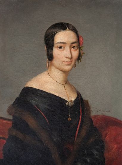 Pierre BONIROTE (1811-1891) 
Portrait de jeune fille à la fleur rouge
Huile sur toile...