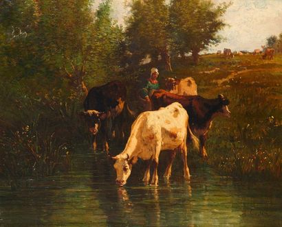 Andrés CORTES Y AGUILAR (1812-1879) 
Vaches s'abreuvant
Huile sur toile, signée en...
