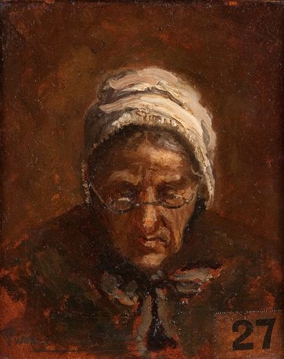 Edouard PUVIS de CHAVANNES (1884-1924) 
Portrait de vieille femme
Huile sur carton,...