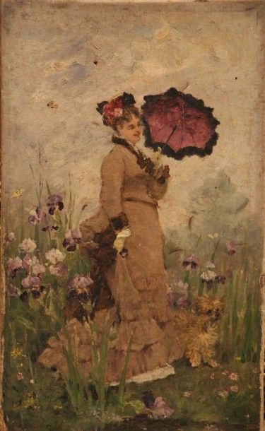 Armand CHARNAY (1844 - 1916) 
Elegante au chien
Huile sur toile, signée en bas à...