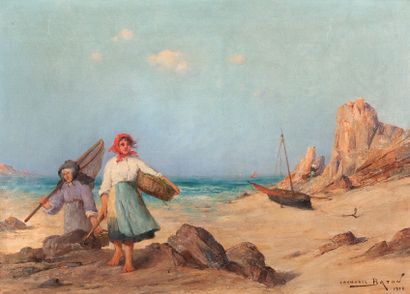 Zacharie BATON (1851-1925) 
Le retour de la pêche
Huile sur toile, signée en bas...