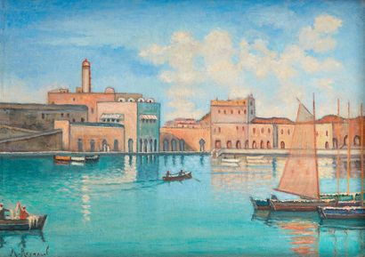Marius REYNAUD (1860-1935) 
Venise
Gouache sur toile, signée en bas à gauche 	
32...