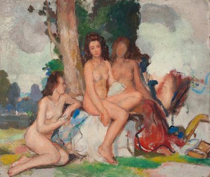 Maurice EHLINGER (1896-1981) 
Nus en montagne
Esquisse, huile sur panneau
39 x 46...