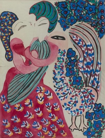 MAHIEDDINE BAYA (1931-1998) 
Femme et enfant
Gouache et aquarelle sur papier, signée...