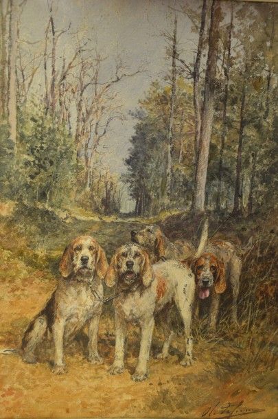 Olivier Charles DE PENNE (1831-1897) 
Meute de chiens
Aquarelle sur papier, signée...