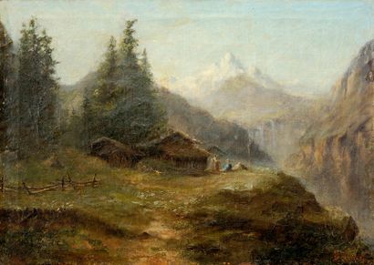 Armand BALOUZET (1858-1905) 
Bord de lac animé
Huile sur toile contrecollée sur carton,...