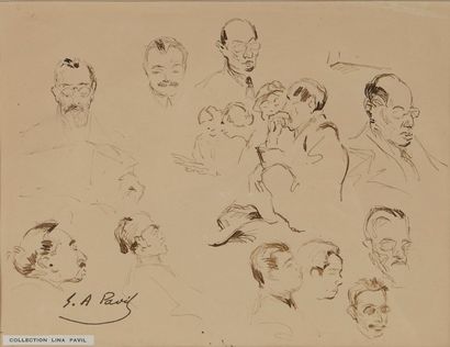 Élie Anatole PAVIL (1873-1948) 
Ensemble de neuf croquis au feutre sur papier
La...
