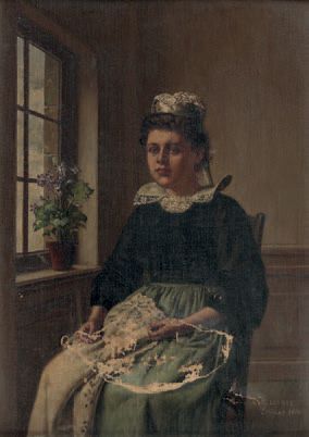 Adolphe Alexandre LESREL (1839-1929) 
Jeune femme à son ouvrage, 1916
Huile sur toile...