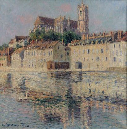 Gustave LOISEAU (1865-1935) Cathédrale d'Auxerre et les bords de l'Yonne, 1908 Huile...