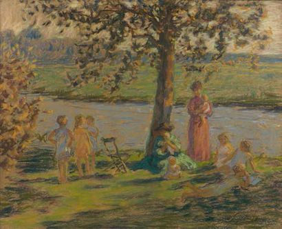 Jenny Montigny (1875-1937) 
Jeunes enfants au bord de la rivière
Pastel sur papier,...