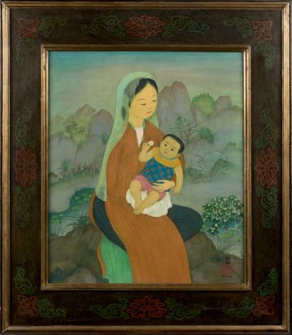 MAI trung THU (1906-1980) 
Femme et enfant dans un jardin fleuri, 1971
Encre et couleurs...