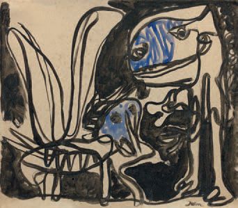 Asger JORN (1914-1973) 
Personnage et animal, 1950
Lavis et aquarelle sur papier,...