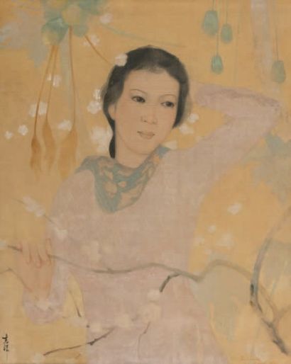 LUONG XUAN NHI (né en 1913) Jeune femme Encre et couleurs sur soie, signée en chinois...