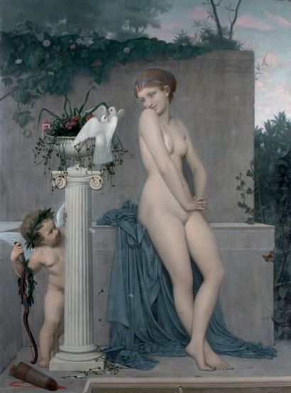Adolphe Alexandre LESREL (1839-1929) 
Aphrodite et Cupidon
Huile sur toile, signée...