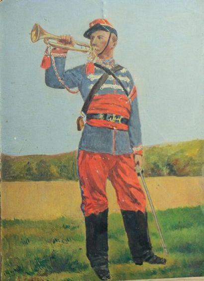 null Lot de 2 huiles, sur carton: Trompette de Cavalerie Légère, signée en bas à...