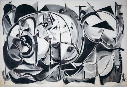 André LANSKOY (1902-1976) Composition abstraite en noir et blanc Technique mixte...