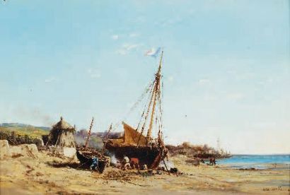 Achille-Jules NOËL (1815-1881) Bateaux à marée basse Huile sur panneau, signée en...