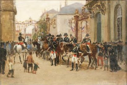 Léon VOIRIN (1833-1887) Défilé sur la place Stanislas Huile sur panneau, signée en...