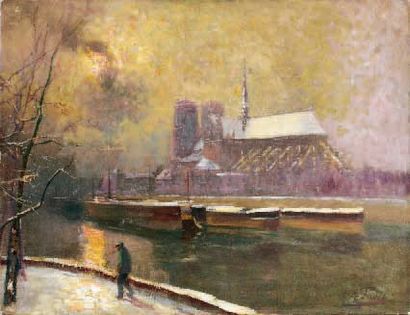 Élie-Anatole PAVIL (1873-1948) Promenade sur le quai de la Tournelle Huile sur toile,...