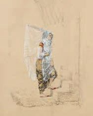 Emmanuel-Joseph LAURET (1809-1882) En visite Crayon rehaussé d'aquarelle, signé,...