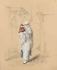 Emmanuel-Joseph LAURET (1809-1882) Jeune Orientale et son enfant Crayon rehaussé...