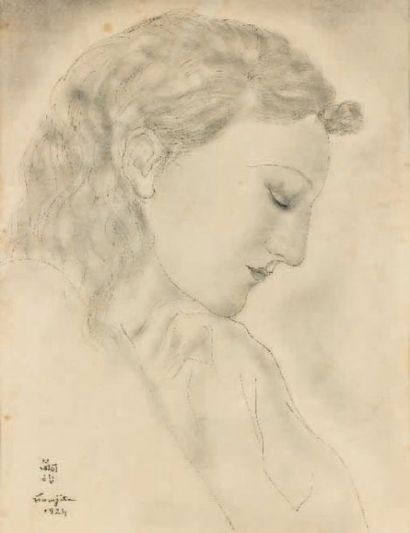 Tsuguharu-Léonard FOUJITA (1886-1968) Profil de femme Crayon, signé et daté 1924...