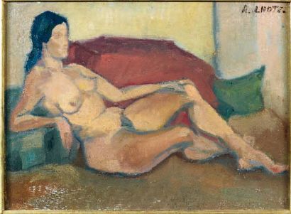 André LHOTE (1885-1962) Femme nue Huile sur panneau, signée en haut à droite 23 x...