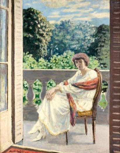 Albert ANDRÉ* (1869-1954) Femme assise au balcon Huile sur toile, signée en bas à...