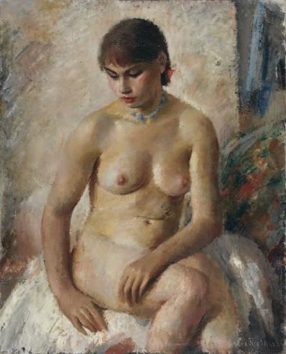 Vera ROCKLINE (1896-1934) Nu assis au collier bleu Huile sur toile, signée en bas...