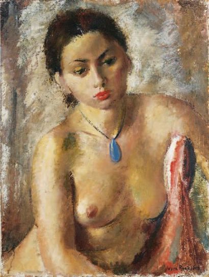 Vera ROCKLINE (1896-1934) Nu au pendentif bleu Huile sur toile, signée en bas à droite...