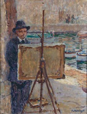 O.MADRIGALI (1887-1950) Le peintre et son chevalet Huile sur panneau, signée en bas...