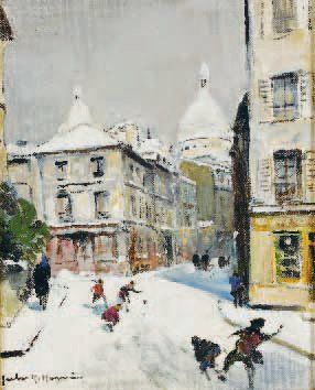 Jules-René HERVÉ(1887-1981) Bataille de boules de neige à Montmartre Huile sur toile,...