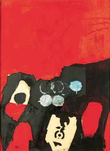 Antoni CLAVÉ* (1913-2005) Rouge et noir Gouache et collage sur toile, signé en bas...