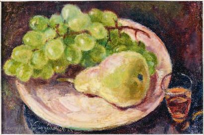 Georges A de POGEDAIEFF (1897-1971) Raisin, poire, liqueur orange Huile sur panneau,...