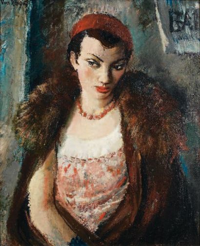 Vera ROCKLINE (1896-1934) Femme à la fourrure, collier et béret rouge Huile sur toile,...
