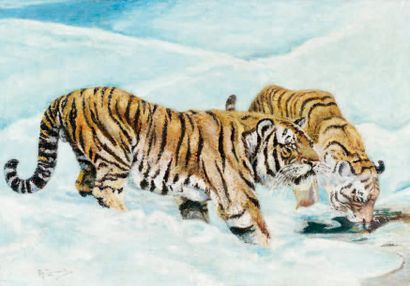 Alexei Stepanovich STEPANOV (1858-1923) Tigres de Sibérie dans la neige Huile sur...