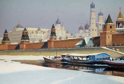 Mikhail Markinovitch GUERMACHEFF (1867-1930) Le Kremlin sous la neige Huile sur toile,...